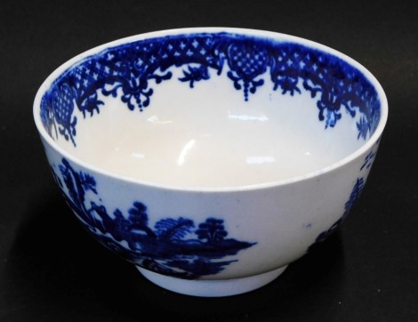 A Worcester First Period blue and white porcelain tea bowl, chinoiserie decorated with two landscapes, The Argument pattern, numeral mark 1775-85, no 7 character mark, 10cm diameter.