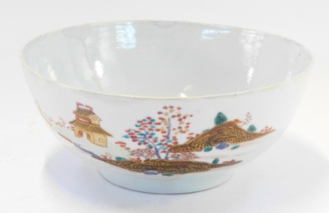 A late 19thC Chinese bowl, with painted detailing of Oriental building and figures, 20cm diameter, 8.5cm high. (AF)