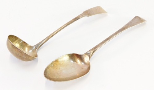 A George II Scottish silver cream ladle, Andrew Wilkie, Edinburgh 1814, together with a Victorian silver dessert spoon, James McKay, Edinburgh 1848, 1½oz.