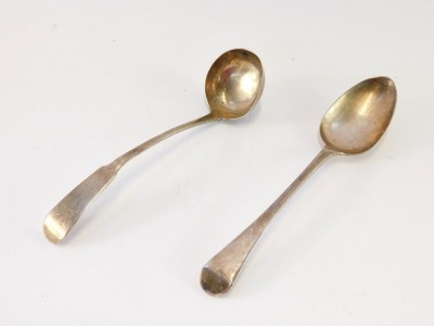 A George II Scottish silver cream ladle, Andrew Wilkie, Edinburgh 1814, together with a Victorian silver dessert spoon, James McKay, Edinburgh 1848, 1½oz. - 2