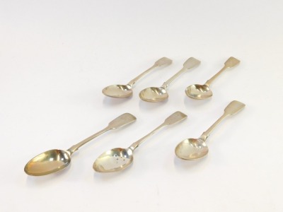 Six silver Fiddle pattern teaspoons, four bearing initials GH, London 1845, and two initialled H, London 1830, 4¾oz. - 2