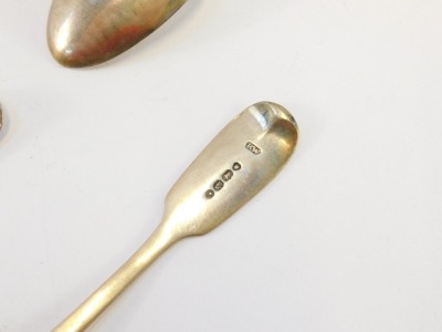 Six silver Fiddle pattern teaspoons, four bearing initials GH, London 1845, and two initialled H, London 1830, 4¾oz. - 4