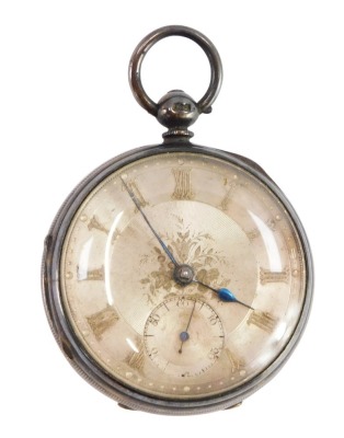 A Victorian gentleman's silver pocket watch by H Zusman of Wolverhampton, open faced, key wind, floral engraved and engine turned dial bearing Roman numerals, subsidiary seconds dial, movement no 33533, the case with engine turned decoration, central vaca