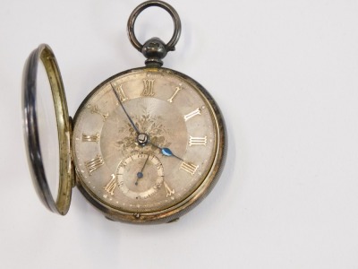 A Victorian gentleman's silver pocket watch by H Zusman of Wolverhampton, open faced, key wind, floral engraved and engine turned dial bearing Roman numerals, subsidiary seconds dial, movement no 33533, the case with engine turned decoration, central vaca - 2