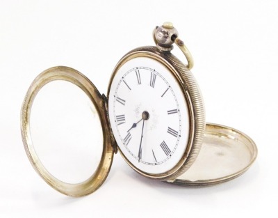 A continental lady's pocket watch, open faced, key wind, white enamel dial bearing Roman numerals, floral detail, white metal case engraved with flowers, vacant shield reserve, marked 800, 40.5g all in.