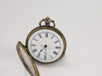 A continental lady's pocket watch, open faced, key wind, white enamel dial bearing Roman numerals, floral detail, white metal case engraved with flowers, vacant shield reserve, marked 800, 40.5g all in. - 2