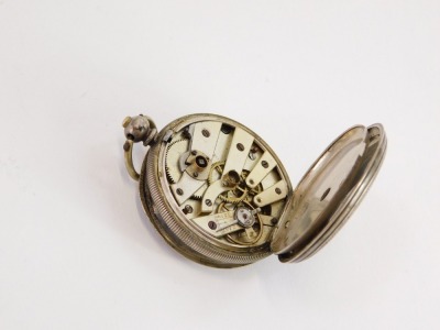 A continental lady's pocket watch, open faced, key wind, white enamel dial bearing Roman numerals, floral detail, white metal case engraved with flowers, vacant shield reserve, marked 800, 40.5g all in. - 3