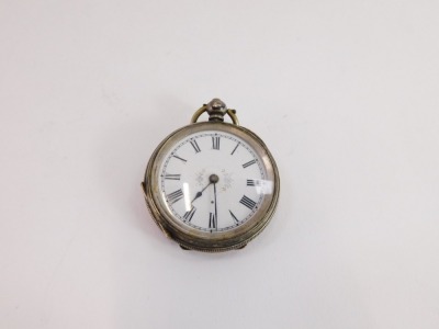 A continental lady's pocket watch, open faced, key wind, white enamel dial bearing Roman numerals, floral detail, white metal case engraved with flowers, vacant shield reserve, marked 800, 40.5g all in. - 5