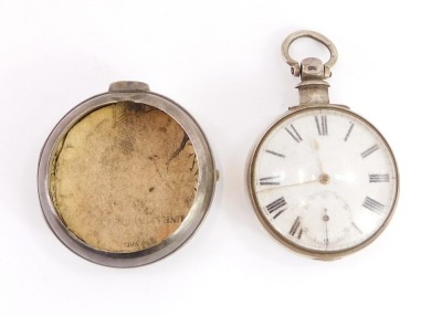 A Victorian silver pair cased pocket watch by James Dann of Wisbech, open faced, key wind, enamel dial bearing Roman numerals, subsidiary seconds dial, movement number 3924, the case of plain form, London 1871, 141g all in.