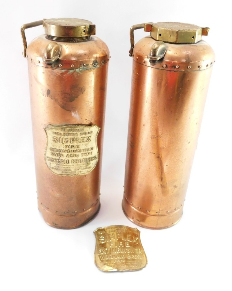 Two Vintage Brass Fire Extinguishers, Each Bearing Simplex, Fire ...