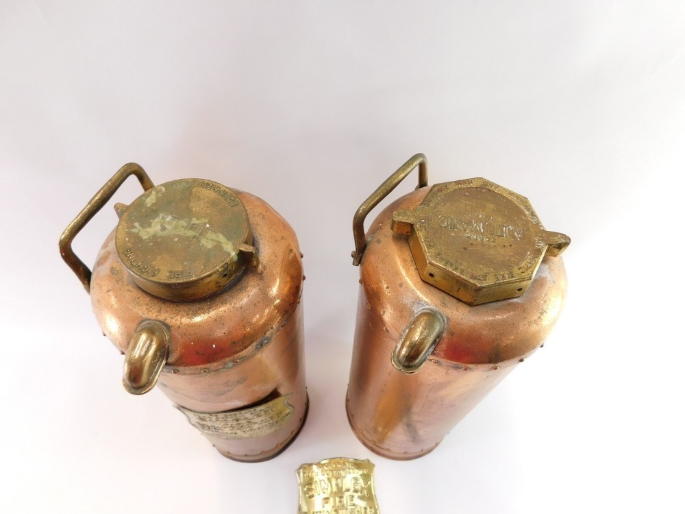 Two Vintage Brass Fire Extinguishers, Each Bearing Simplex, Fire ...