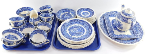 A Masons blue and white ironstone part tea and dinner service, comprising meat plate, teapot, serving plate, milk jug, sugar bowl, tea cups, egg cups, dinner plates, side plates, saucers, etc. (2 trays)