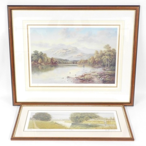 Two limited edition framed prints, comprising after Ron Ablewhite The Strike limited edition number 55/450, 18cm x 54cm, framed and glazed, together with another after Wendy Reeves, gentleman fishing with guild stamp, limited edition number 706/850, 38cm 