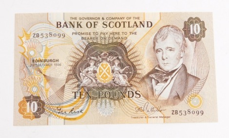 A Bank of Scotland £10 note, serial number 2B538099, 20th October 1986, D.B. Pattullo.