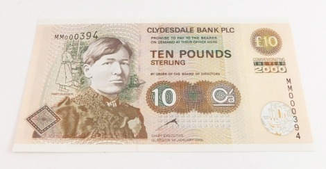 A Clydesdale Bank £10 note, serial number MM 000394, 1st January 2000