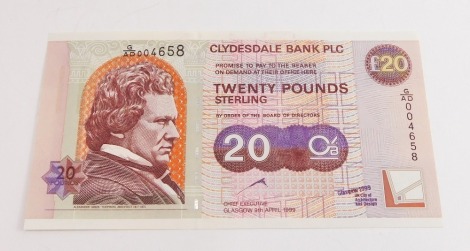 The Clydesdale Bank PLC £20 note, serial number G/AD 004658, 9th April 1999.