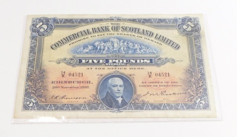 The Commercial Bank of Scotland Ltd £5 note, serial number 14/K 04521, 20th November 1937.