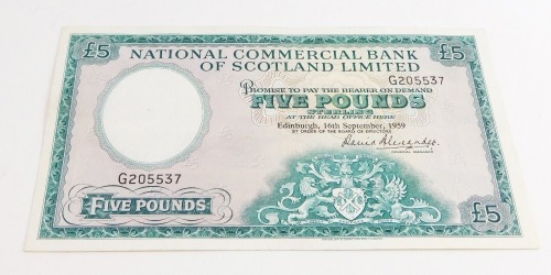 National Commercial Bank of Scotland £5 note, serial number G205537, 16th September 1959, David Alexander.