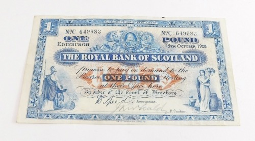 The Royal Bank of Scotland £1 note, serial number 649983, 15th October 1928, J. Kirkaldy.