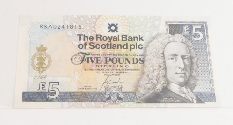 The Royal Bank of Scotland PLC £5 note, serial number R & A 0247815, 14th May 2004.