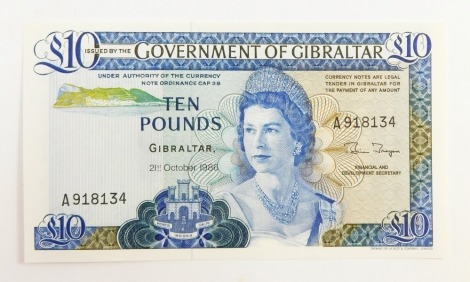 A Government of Gibraltar £10 note, serial number A918134, 21st October 1986.