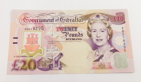 A Government of Gibraltar £20 note, serial number AB 018395, 1st December 2006.