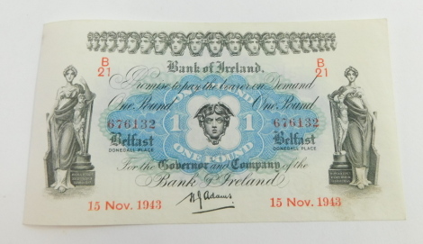 A Bank of Ireland £1 note, serial number 676132, 15th November 1943.