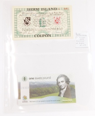 A Herm Island £1 coupon, circa 1958, and a Lewes £1 number 28368. (2)