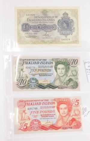 The Government of The Falkland Islands bank notes, £1, 15th June 1982, £5, 14th June 1983 and £10, 1st September 1986. (3)