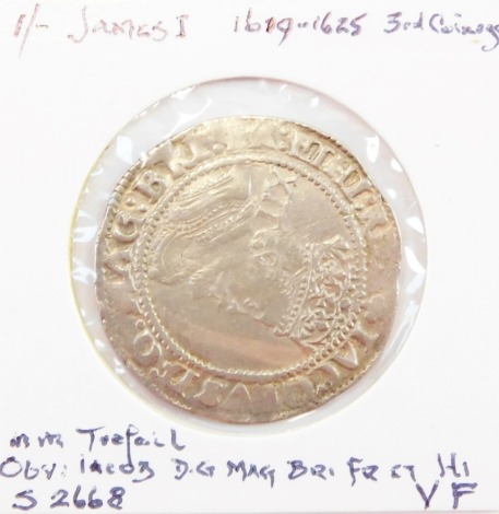 A James I hammered silver shilling, third coinage, circa 1619-25.