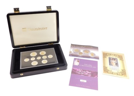 The Westminster 1953 QEII Coronation set, with nickel coins with 22ct gold plating, in fitted case.
