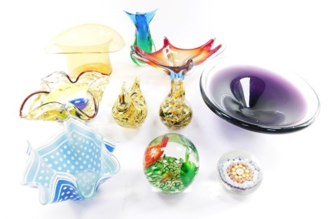 A group of late 20thC glass, including a blue flared bowl, millefiori paperweight, two Venetian glass figures modelled as birds, Chance handkerchief vase, and a yellow top hat ice bucket.