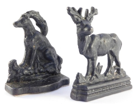 Two cast door stops, one depicting a deer the other of seated dog with feather, 20cm and 19cm respectively.