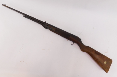 A Webley Mk 3 air rifle, on a wooden stock .22 calibre, marked Birmingham, 108cm long.