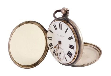 A Victorian silver gentleman's pocket watch by Enoch Sherratt of Burslem, open faced, key wind, enamel dial bearing Roman numerals, subsidiary seconds dial, no 24701, the case with engine turned decoration, vacant shield and garter reserve, Chester 1882, 