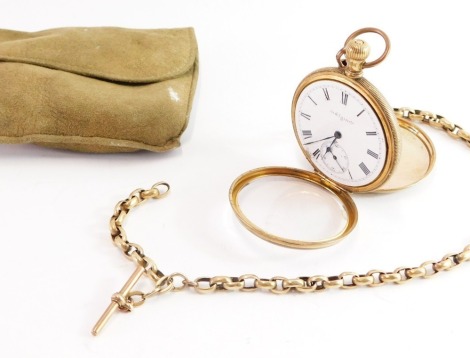 An Elgin gold plated gentleman's pocket watch, together with a plated watch chain, the Elgin wristwatch with white enamel clock face with Roman numerals, blue hands and seconds dial, bezel wind opening to revel ten jewel movement, the plated watch chain w