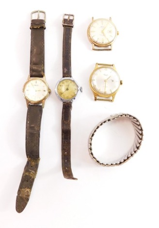 A group of wristwatches, to include an Iris gold plated and stainless steel backed gents wristwatch, a Keagle automatic wristwatch, a expanding stainless steel bracelet, a Smiths stainless steel back wristwatch, and an Iris watch head. (5)