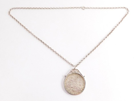 A replica Spanish coin pendant, in a white metal coin mount, unmarked, on a silver long guard chain, marked 925, 60cm long, 28.9g all in.