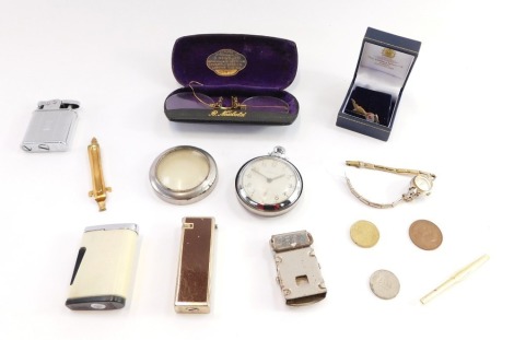 A stainless steel Ingersol pocket watch, lady's wristwatch, a pair of gilt framed spectacles, pin, lighters, collector's coin, etc., all enclosed in a wicker basket.