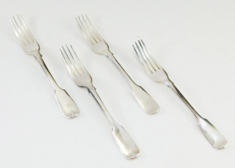 A set of four Victorian silver dessert forks, fiddle pattern, initial engraved, Chawner & Co, London 1854, 6½oz.