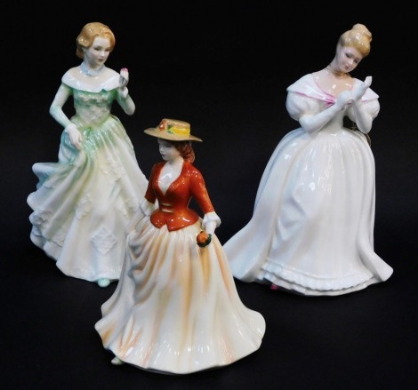 Three Royal Doulton porcelain figure, comprising Denise HN2477, Grace HN3699, and Autumn Stroll HN4588.