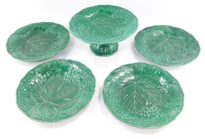 A group of 19thC green leaf majolica dessert wares, comprising four Thomas Till plates, impressed marks, 23cm diameter, and a tazza.
