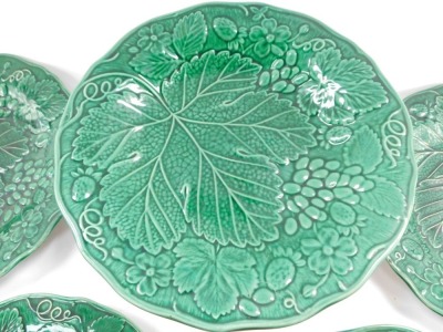 A group of 19thC green leaf majolica dessert wares, comprising four Thomas Till plates, impressed marks, 23cm diameter, and a tazza. - 2