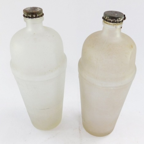 Two mid century Gordon's London Gin frosted glass cocktail shakers, with metal lids, 25cm high.