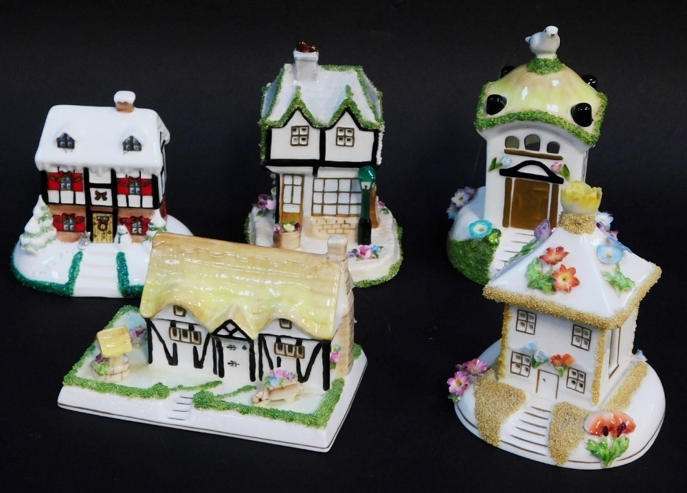 Five Coalport porcelain cottages, comprising Christmas Lodge