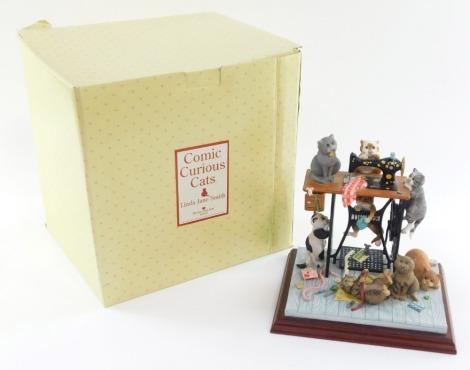 A Border Fine Arts comic and curious cats figure group, by Linda Jane Smith, entitled Sew Far, Sew Good A20452, limited edition of 950, 22cm high, boxed.