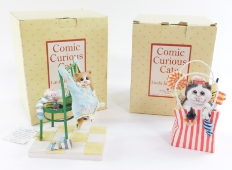 Two Border Fine Arts comic and curious cats figure group, by Linda Jane Smith, entitled Dolly Mixtures A20926, 12cm high, and Winter Draws On A20450, 13cm high, boxed. (2)