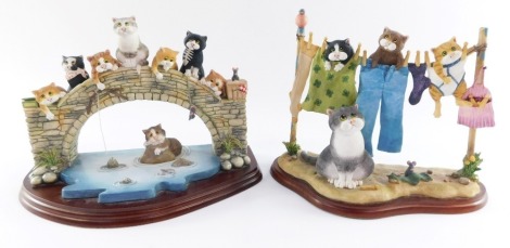 Two Border Fine Arts comic and curious cats figure group, by Linda Jane Smith, entitled Gone Fishing, limited edition number 297/1500, 25cm high, 19cm wide, Hung Out To Dry A6125, 17cm high, 20cm wide. (2)