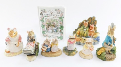 A group of Brambly Hedge wares, comprising a Border Fine Arts Primrose and Wilfred playing precision, a Royal Doulton summer savings book, Clover figure, Mrs Crusty's bread with bowl, Mrs Eyebright figure, a Peter Rabbit with Spade by The World of Beatrix