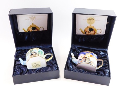 Two Goebel Tea Time Treasures Collection enamel teapots, comprising one with abstract cat design, the other an R Wachtmeister cat teapot, boxed.